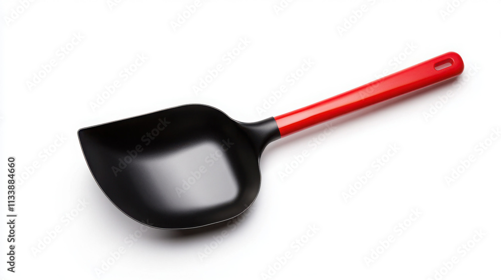 A colorful plastic scoop with a red handle for various uses. A colorful plastic scoop with a red handle for various uses.