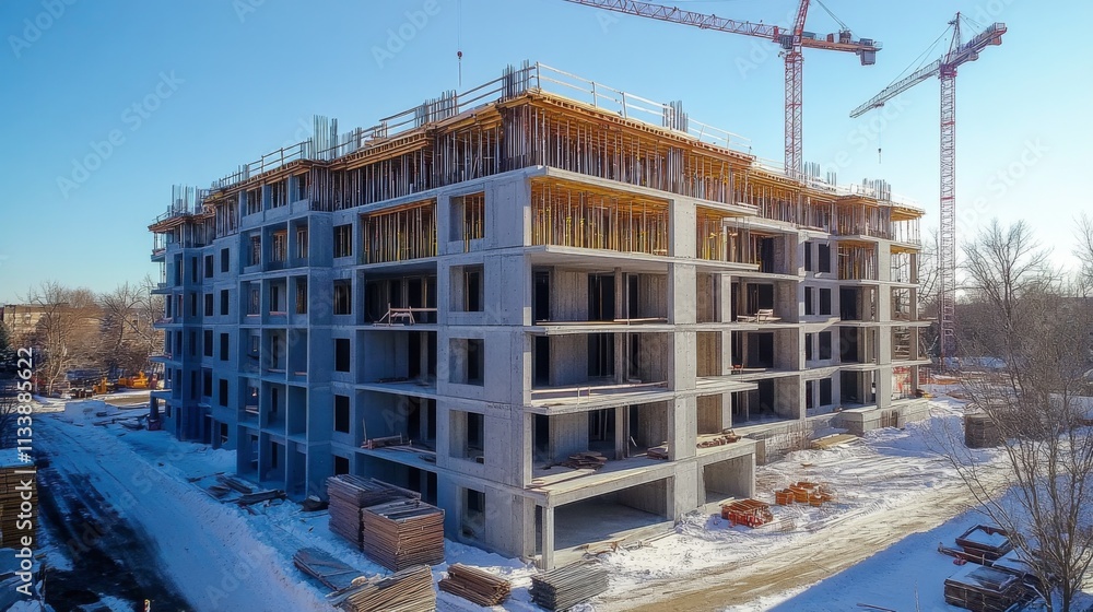 Construction site with cranes and building under clear sky Construction site with cranes and building under clear sky