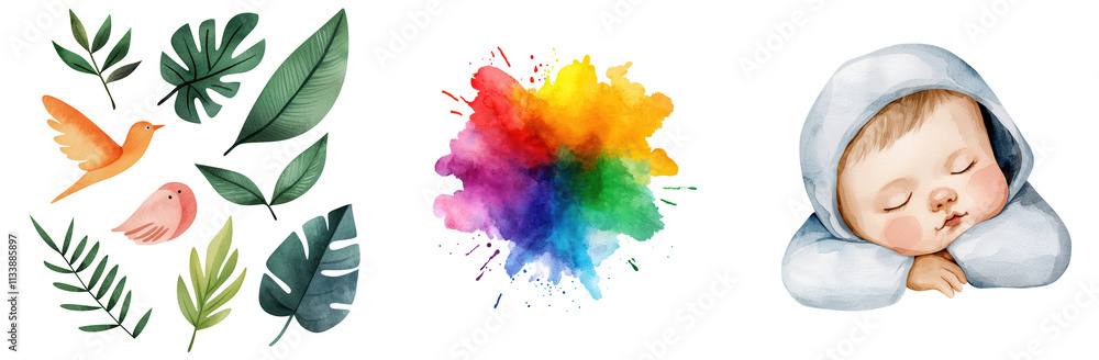 Fototapeta premium Colorful watercolor elements including birds, leaves, and sleeping baby, isolated on transparent background.