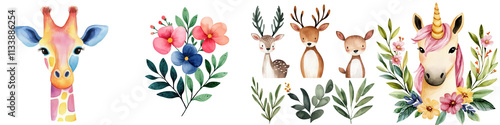 Colorful giraffe and unicorn designs with floral elements and deer s, isolated on transparent background. photo