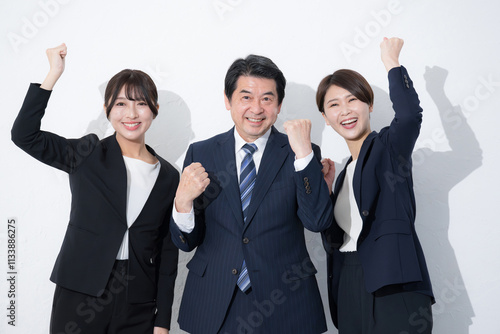 Multiple successful, gut-punching and hard-working images in business suits, looking at camera, white background, upper body with space for copying. photo