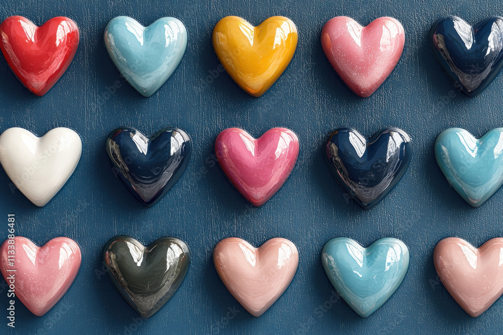 Fototapeta premium Colorful heart shaped decorations arranged in grid pattern