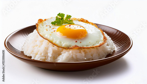 Simple food, rice, fried egg on a white background.