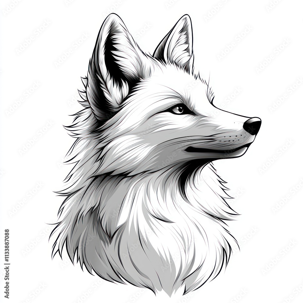 Naklejka premium Monochrome illustration of a fox head in profile view, showcasing its fur texture and details.