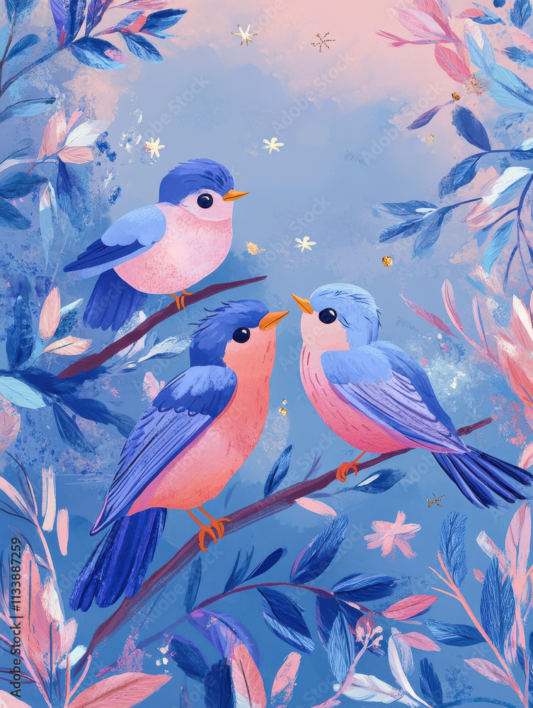 Obraz premium Charming New Year Illustrations with family of birds singing: Cute Holiday Designs for Cards, Wallpapers, T-Shirts, Posters & Decor