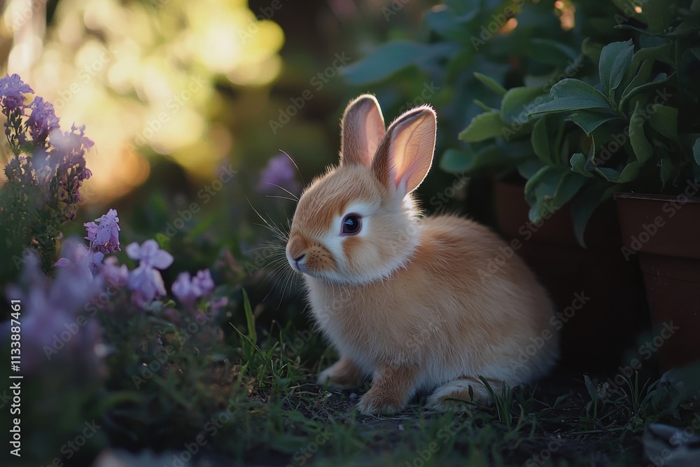 Fototapeta premium Baby rabbits in garden, morning light, fur texture details, with copy space