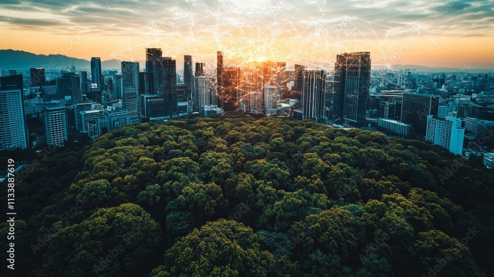 Obraz premium Urban skyline at sunrise with green hills in the foreground
