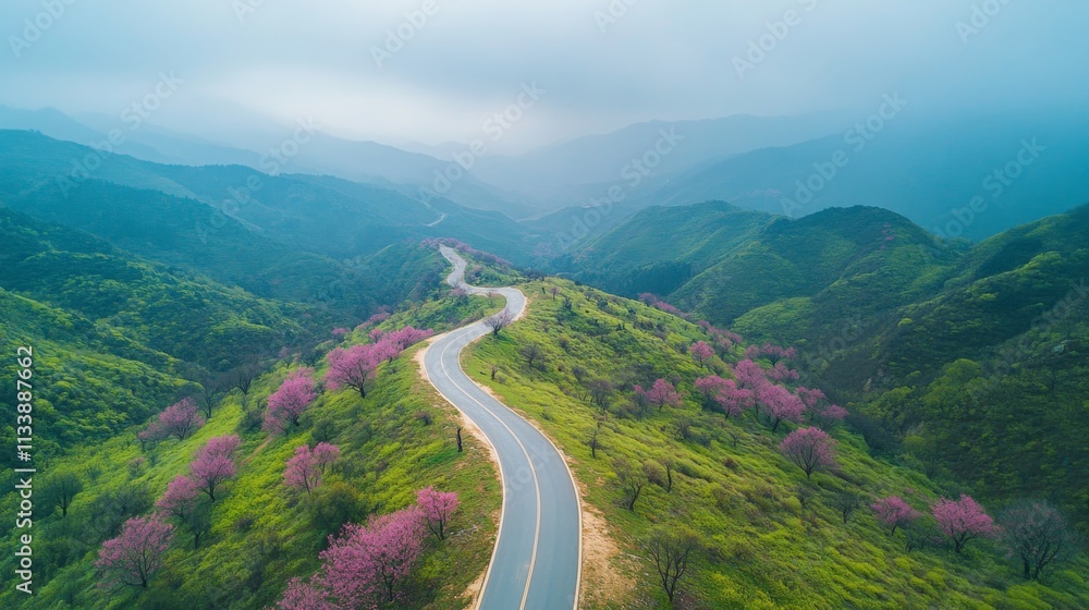 Winding road through blooming pink trees in a misty valley Winding road through blooming pink trees in a misty valley