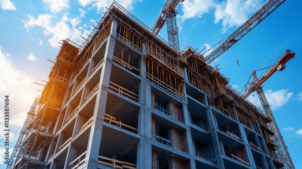 Construction site with building and cranes against a blue sky Construction site with building and cranes against a blue sky