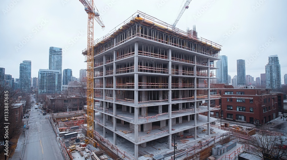 Construction of a modern building with cranes in an urban area Construction of a modern building with cranes in an urban area