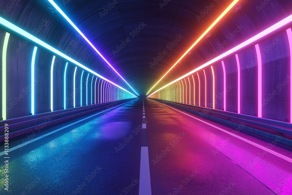 Neon Tunnel Road with Wet Asphalt Neon Tunnel Road with Wet Asphalt