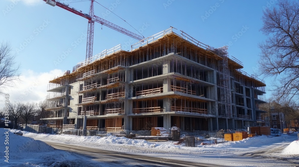 Partially constructed building with crane in blue sky Partially constructed building with crane in blue sky
