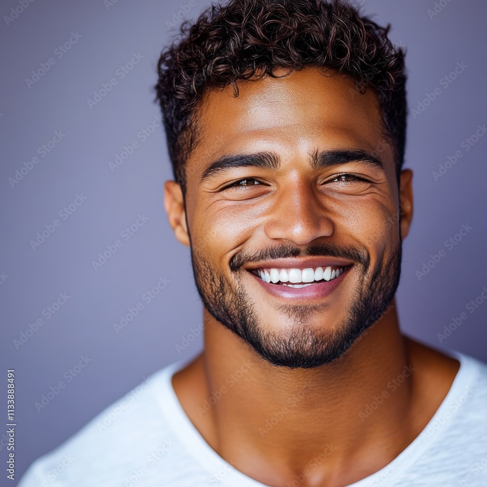 A man with a beard is smiling and wearing a t-shirt A man with a beard is smiling and wearing a t-shirt