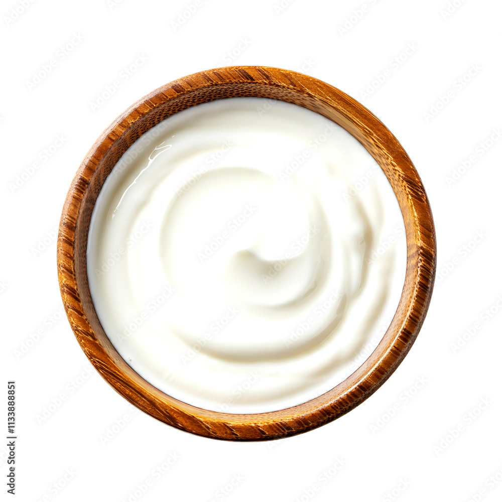 Overhead View of Creamy White Yogurt in Wooden Bowl on Transparent Background
Overhead View of Creamy White Yogurt in Wooden Bowl on Transparent Background