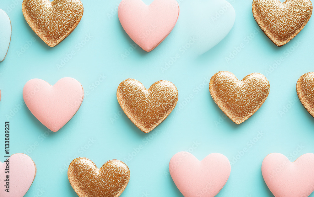Obraz premium Heart shaped textures in pink and gold on blue background evoke joy