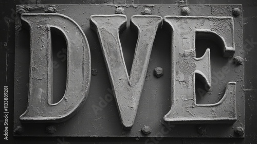 Bold metallic DVE typography with an industrial design on a dark background