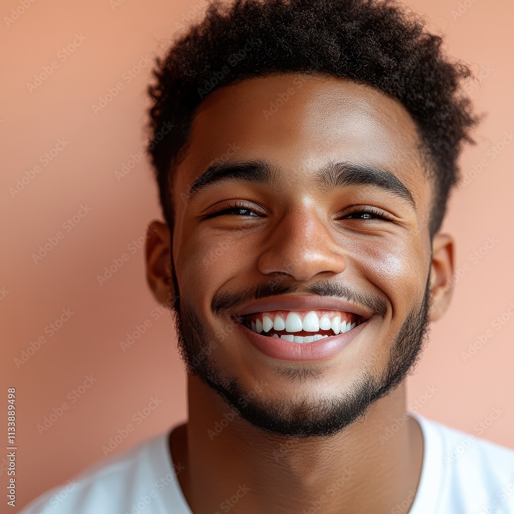 A young man with casual t-shirt is smiling at the camera, solid color background A young man with casual t-shirt is smiling at the camera, solid color background