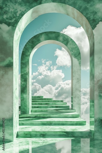 Green Marble Archway and Staircase Leading to the Clouds