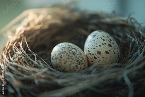 Easter eggs in natural nest, window light, egg decoration details, with copy space photo