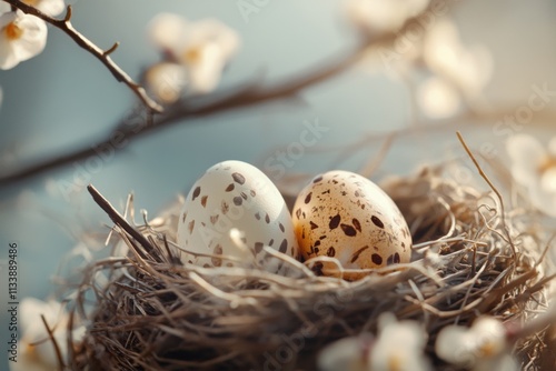 Easter eggs in natural nest, window light, egg decoration details, with copy space photo