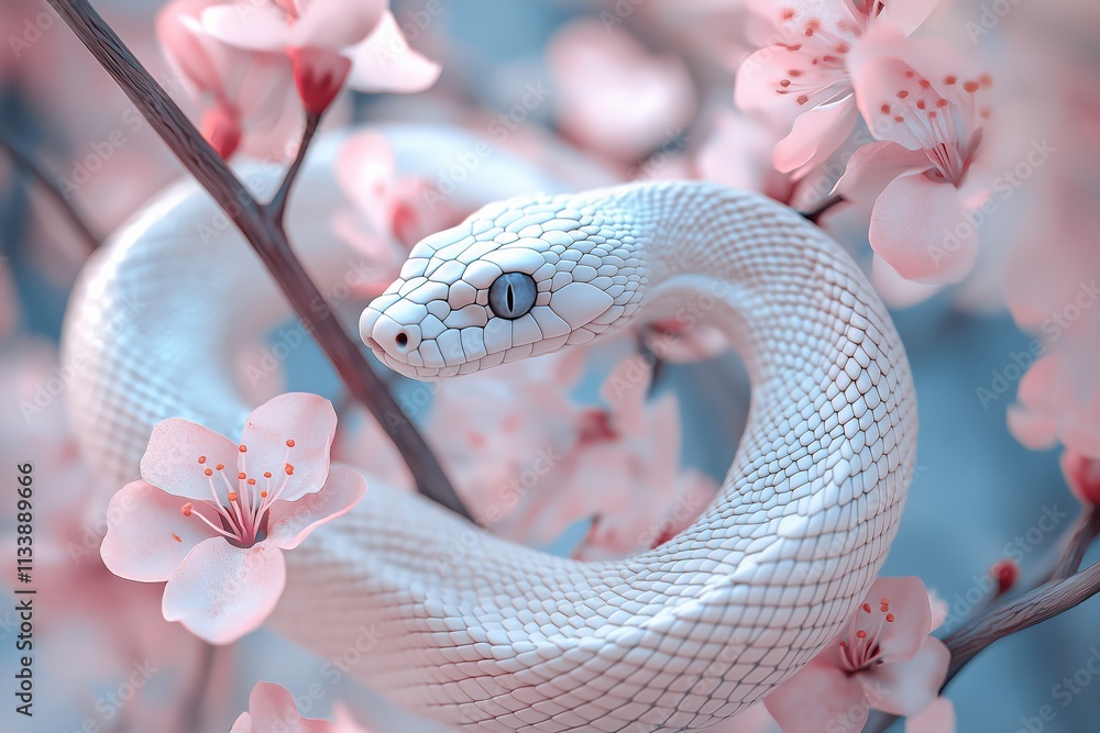 Fototapeta premium White Snake Among Pink Cherry Blossoms