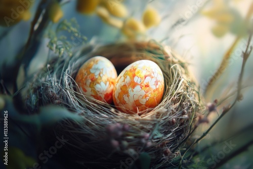 Easter eggs in natural nest, window light, egg decoration details, with copy space photo