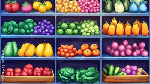 Colorful Display of Fresh Fruits and Vegetables in a Market Stall