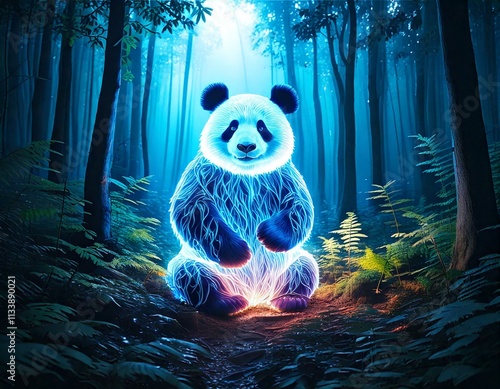  Glowing Transparent Panda in a Mystical Night Forest, Generated image