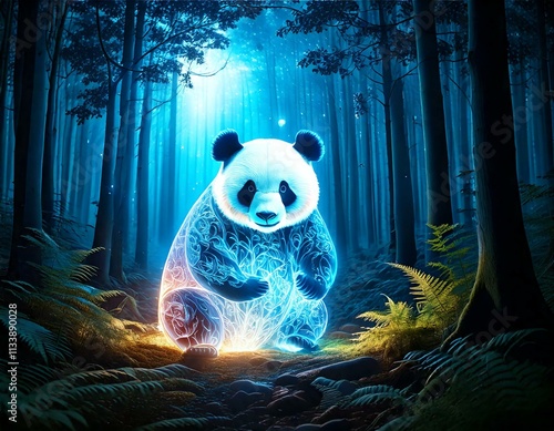  Glowing Transparent Panda in a Mystical Night Forest, Generated image