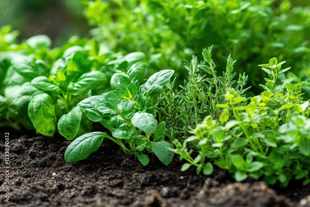 Fresh herb garden starting, soft diffused light, leaf texture details, with copy space Fresh herb garden starting, soft diffused light, leaf texture details, with copy space