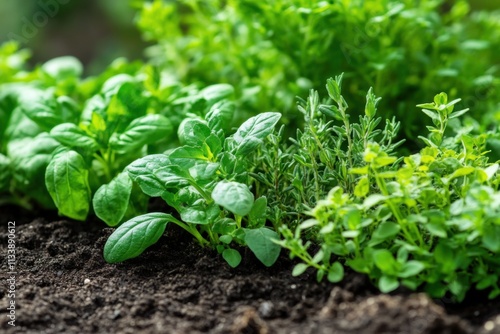 Fresh herb garden starting, soft diffused light, leaf texture details, with copy space