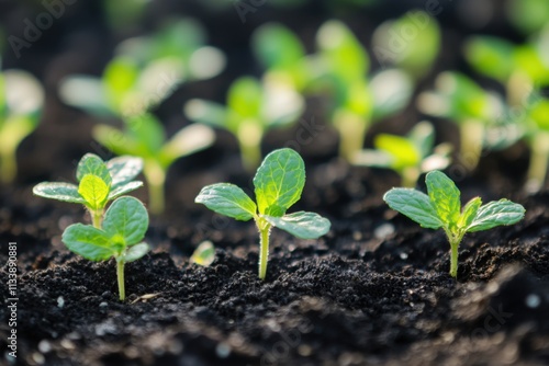 Fresh mint leaves sprouting in garden, soft diffused light, leaf vein details, with copy space