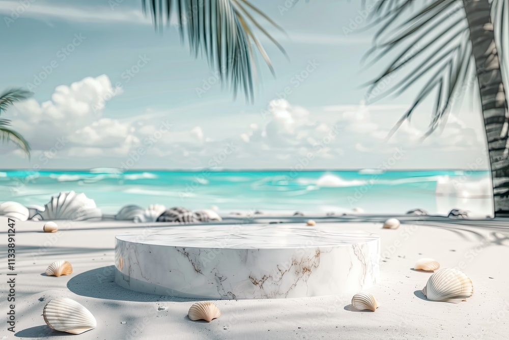 Vibrant Picture of Minimal Round Marble Podium with Premium Summer Beach Background Vibrant Picture of Minimal Round Marble Podium with Premium Summer Beach Background