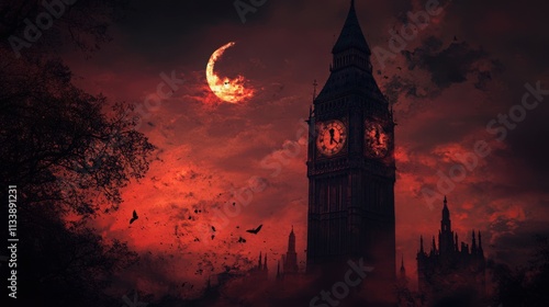 Crimson Moon over London Big Ben Bats Fly