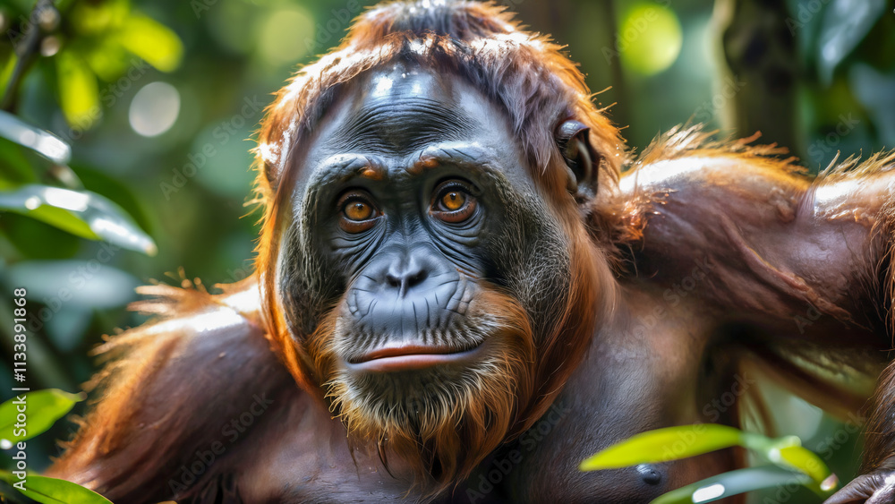 Obraz premium Friendly Orangutan in Rainforest with Expressive Eyes