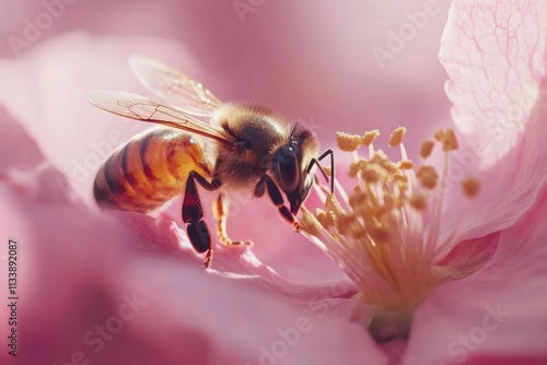 Honey bee collecting pollen from apple blossom, soft morning light, pollen particle details, with copy space photo