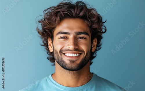 man with casual t-shirt is smiling at the camera, solid color background