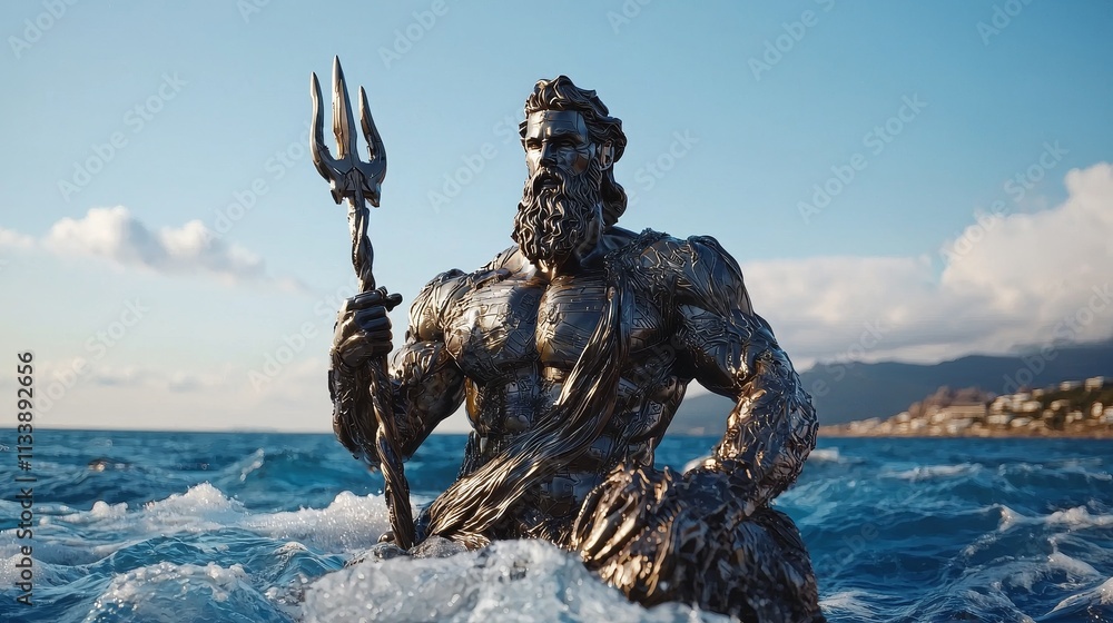 Fototapeta premium Poseidon surfing the digital waves in a cybernetic suit ocean view