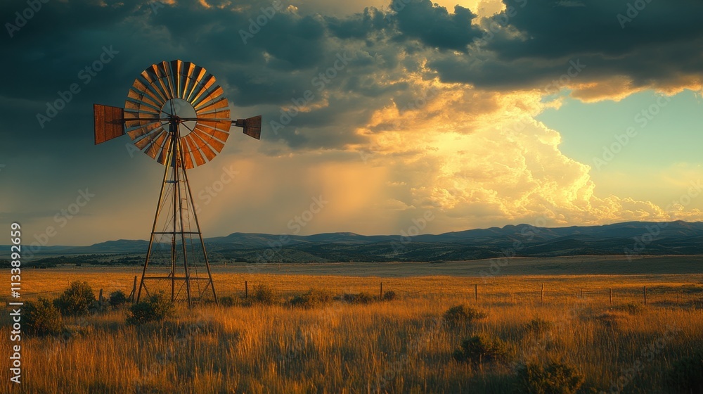 Windmill against dramatic skies rural landscape nature evening light wide angle serenity and power Windmill against dramatic skies rural landscape nature evening light wide angle serenity and power
