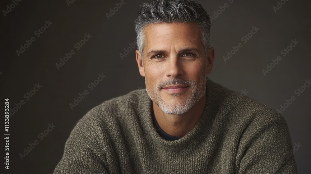 Obraz premium A charismatic man wearing a casual sweater, leaning slightly forward, with a soft gray backdrop emphasizing his features