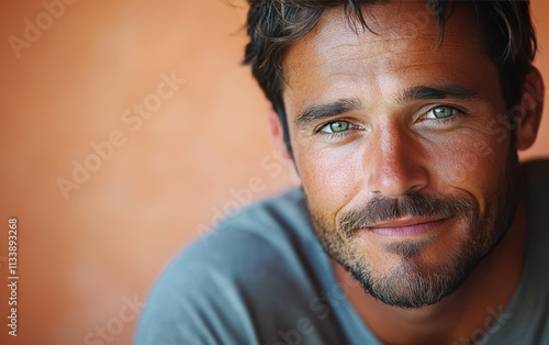 man with casual t-shirt is smiling at the camera, solid color background