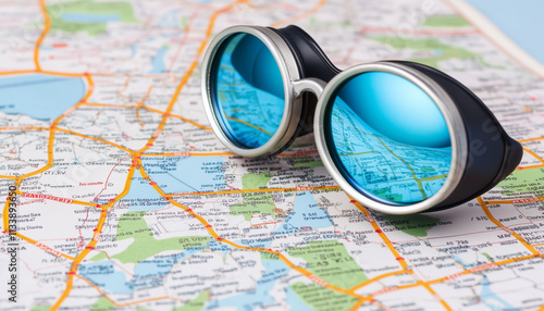 Vintage aviator goggles resting on a map.  Generative AI.