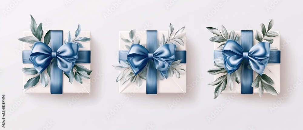 beautifully wrapped gifts with blue ribbons and greenery beautifully wrapped gifts with blue ribbons and greenery