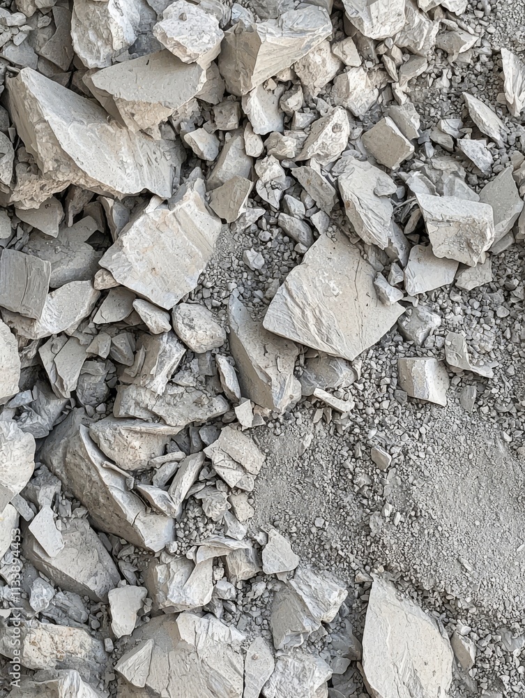 A close-up view of gray, fragmented material, showcasing various sizes and shapes of stones and dust, indicating a raw, natural texture.
