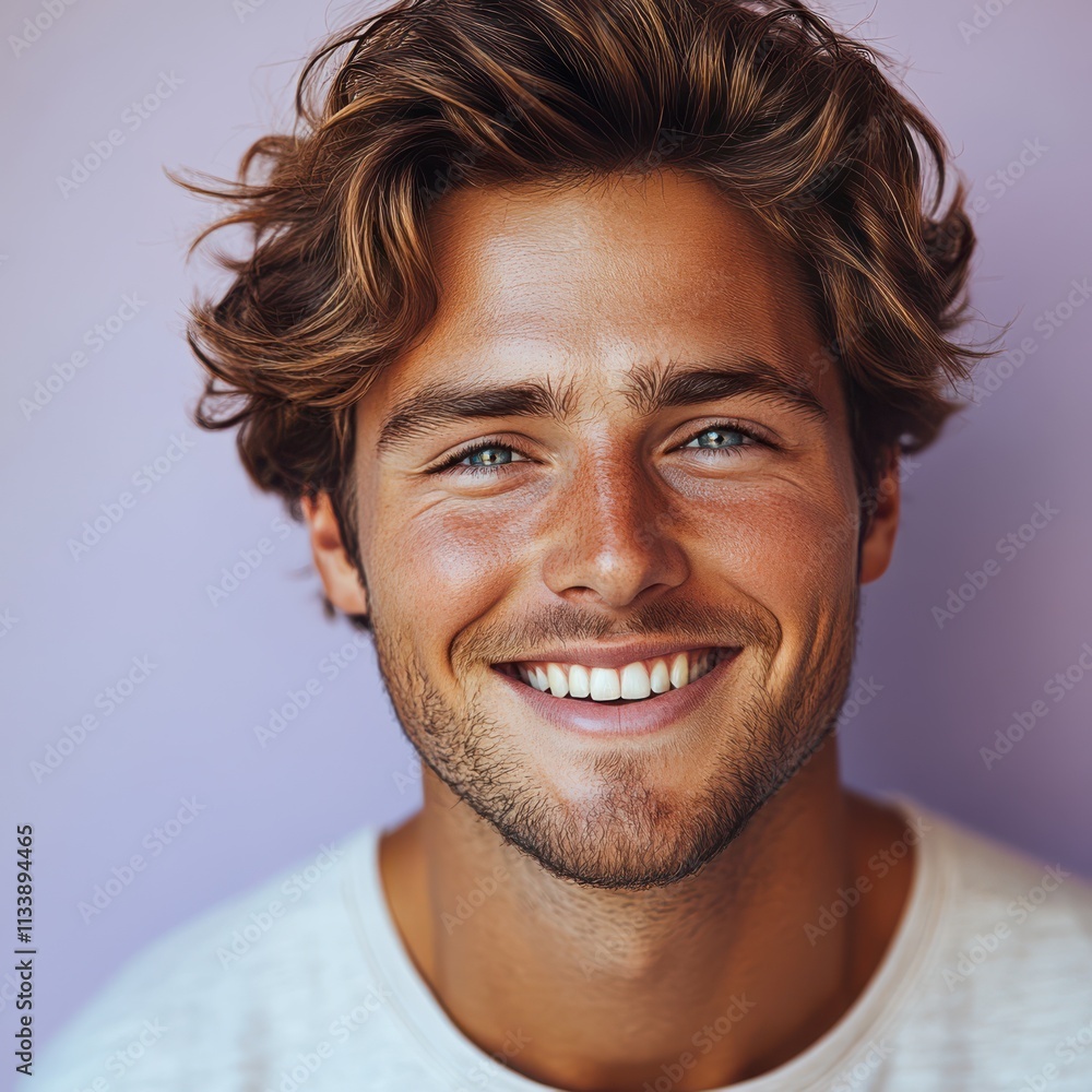 Obraz premium A young man with casual t-shirt is smiling at the camera, solid color background