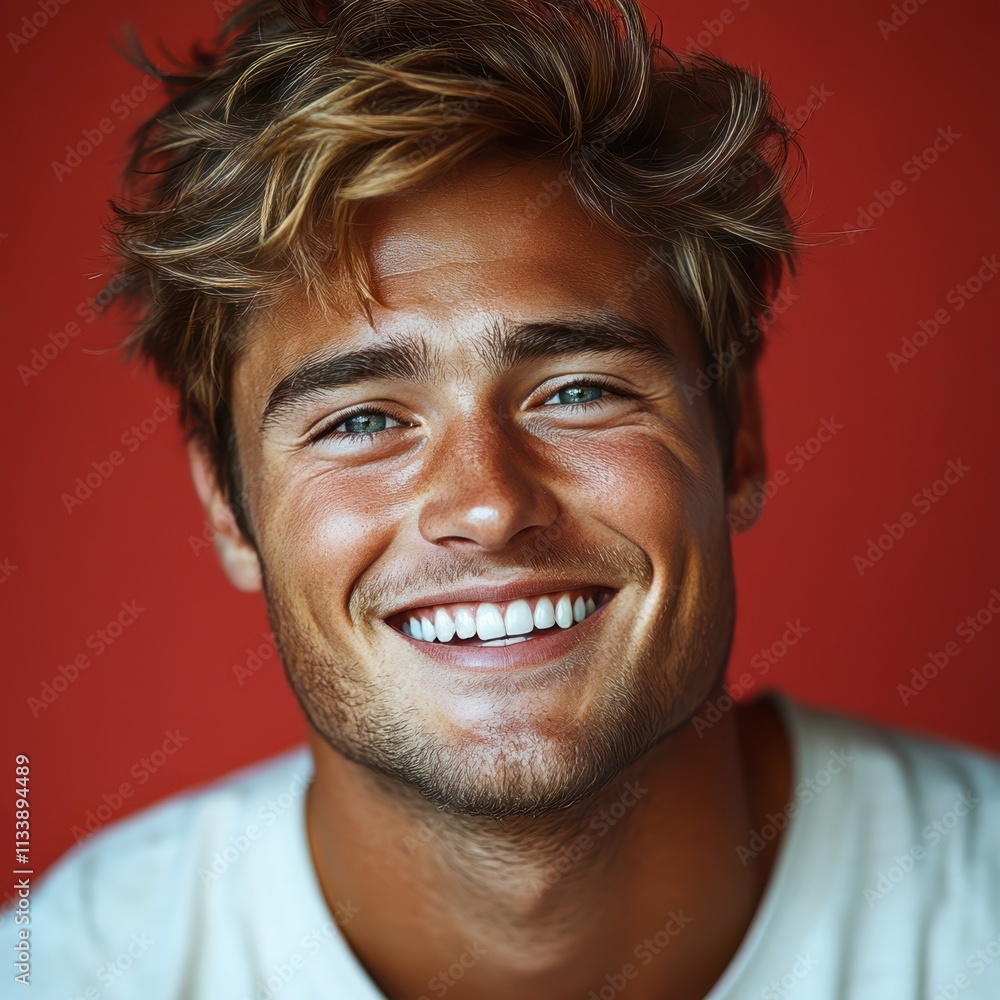 A young man with casual t-shirt is smiling at the camera, solid color background A young man with casual t-shirt is smiling at the camera, solid color background