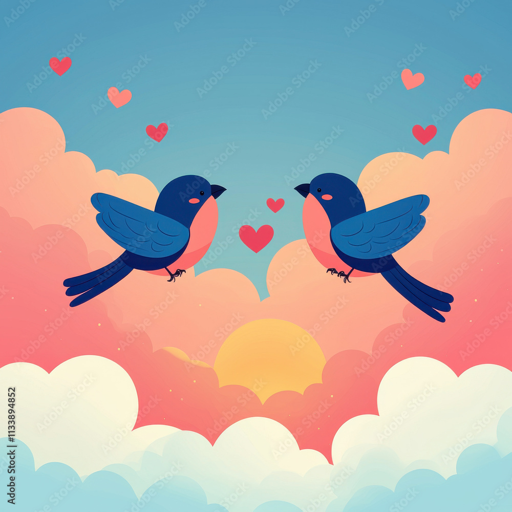 Flying lovebirds in colorful sunset with heart shapes around Flying lovebirds in colorful sunset with heart shapes around