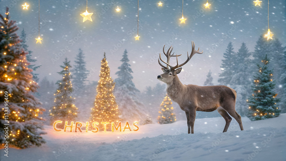 Enchanting Christmas Banner with Reindeer in a Snowy Forest, Christmas Trees, Lights, and Stars with Copy Space Enchanting Christmas Banner with Reindeer in a Snowy Forest, Christmas Trees, Lights, and Stars with Copy Space