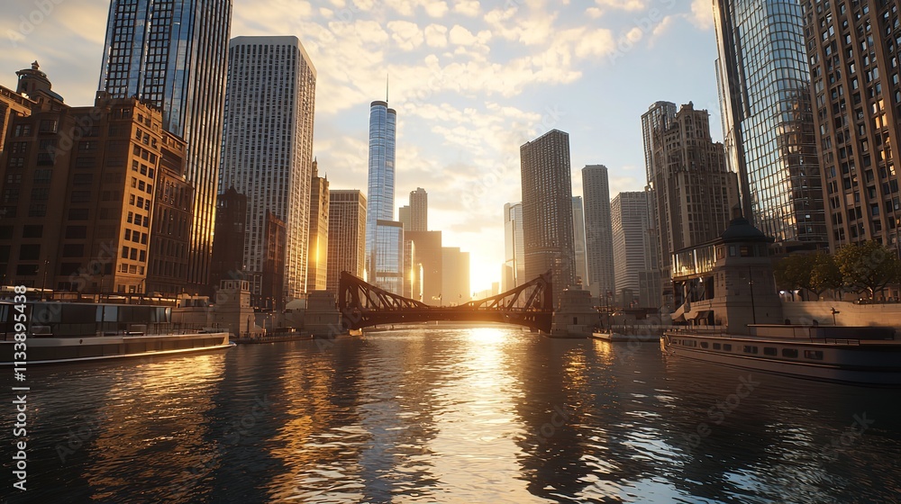 Fototapeta premium Chicago Cityscape at Sunrise (16K Resolution Ultra Photorealistic)