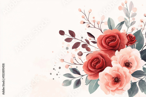 Lush red roses and soft pink flowers in beautiful floral arrangement